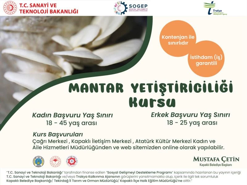 İSTİHDAM GARANTİLİ MANTAR YETİŞTİRİCİLİĞİ KURSU BAŞVURULARI BAŞLADI