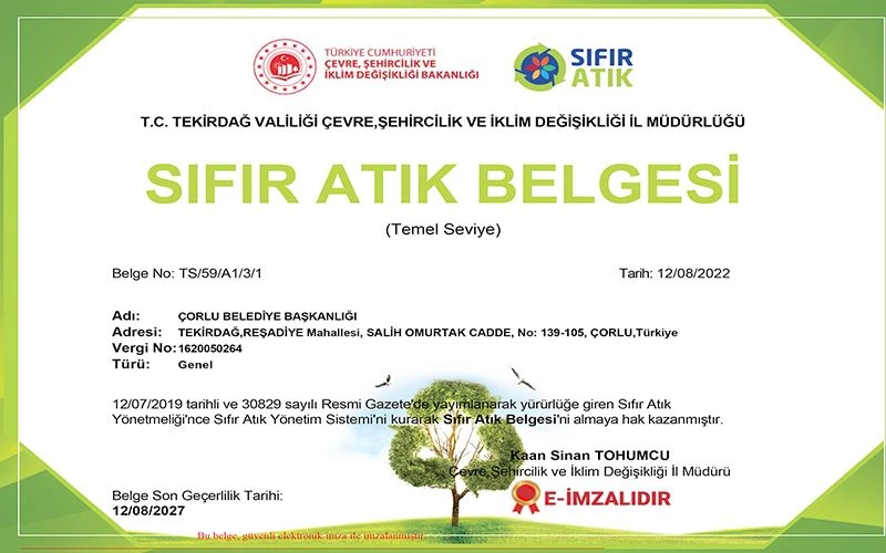 SIFIR ATIK BELGESİ ÇORLU BELEDİYESİ