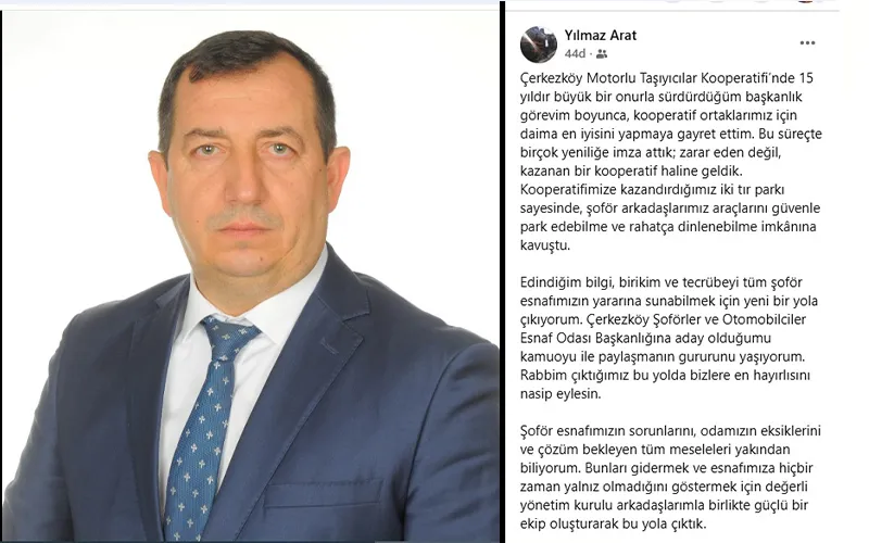 YILMAZ ARAT, ÇERKEZKÖY ŞOFÖRLER VE OTOMOBİLCİLER ESNAF ODASI BAŞKANLIĞINA ADAYLIĞINI AÇIKLADI