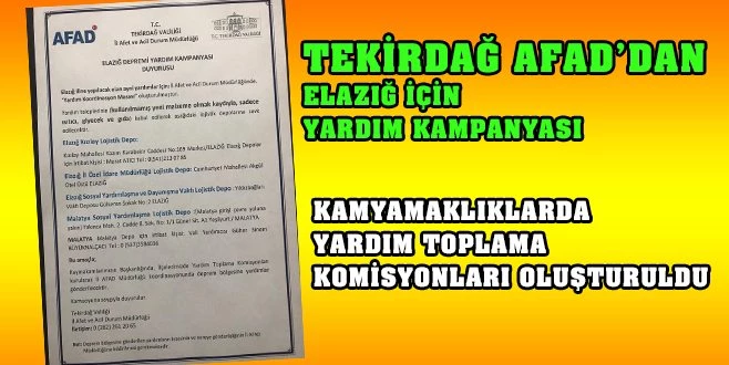 TEKİRDAĞ AFAD`DAN ELAZIĞ İÇİN YARDIM KAMPANYASI